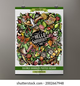Cartoon vector doodle Summer poster template. Corporate identity for the use on invitations, placards, cards, presentations. Funny colorful design