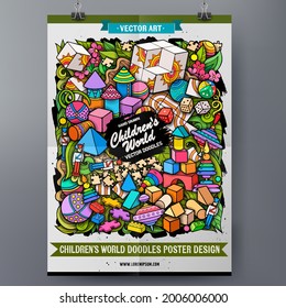 Cartoon vector doodle Toys poster template. Funny colorful corporate identity.