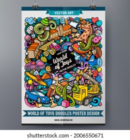 Cartoon vector doodle Toys poster template. Funny colorful corporate identity.
