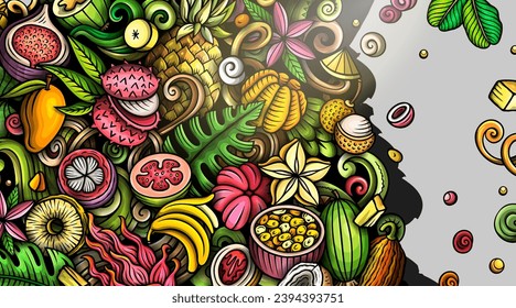 Cartoon vector doodle Tropical Fruits banner background. Funny natural food colorful illustration.