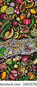 Cartoon vector doodle Tropical Fruits banner background. Funny natural food colorful illustration.