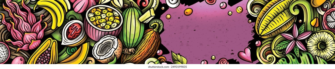 Cartoon vector doodle Tropical Fruits banner background. Funny natural food colorful illustration.