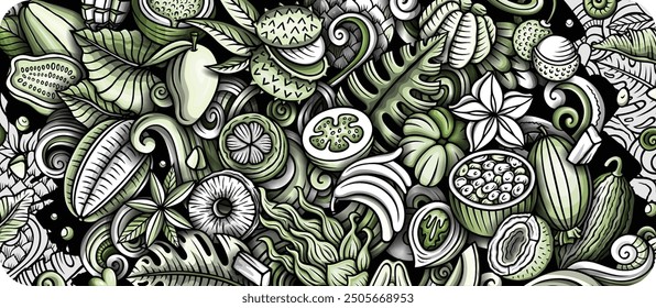 Cartoon vector doodle Tropical Fruits banner background. Funny natural food monochrome illustration.