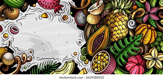 Cartoon vector doodle Tropical Fruits banner background. Funny natural food colorful illustration.