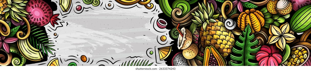 Cartoon vector doodle Tropical Fruits banner background. Funny natural food colorful illustration.