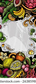 Cartoon vector doodle Tropical Fruits banner background. Funny natural food colorful illustration.