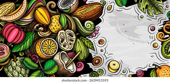 Cartoon vector doodle Tropical Fruits banner background. Funny natural food colorful illustration.