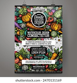 Cartoon vector doodle Vegetables poster template. Corporate identity for the use on invitations, placards, cards, presentations. Funny Veggies colorful and line art design