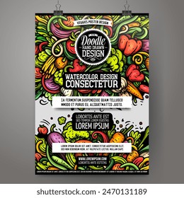 Cartoon vector doodle Vegetables poster template. Corporate identity for the use on invitations, placards, cards, presentations. Funny Veggies colorful and line art design