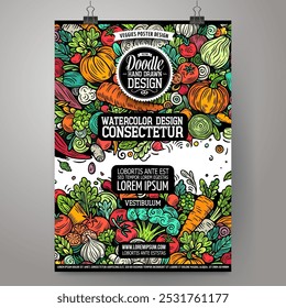 Modelo de poster de vegetais de doodle vetor de desenhos animados. Identidade corporativa para uso em convites, cartazes, cartões, apresentações. Engraçado Veggies colorido e design de arte linha