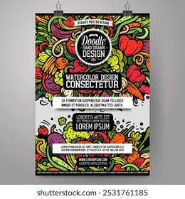 Modelo de poster de vegetais de doodle vetor de desenhos animados. Identidade corporativa para uso em convites, cartazes, cartões, apresentações. Engraçado Veggies colorido e design de arte linha