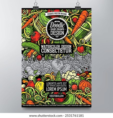 Cartoon vector doodle Vegetables poster template. Corporate identity for the use on invitations, placards, cards, presentations. Funny Veggies colorful and line art design