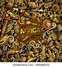 Cartoon vector doodles Africa frame illustration. Colorful, detailed, with lots of objects background. All objects separate. Bright colors african culture funny border