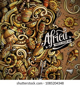Cartoon vector doodles Africa frame illustration. Colorful, detailed, with lots of objects background. All objects separate. Bright colors african culture funny border