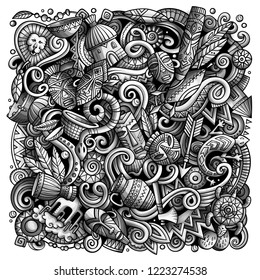 Cartoon vector doodles Africa illustration. Toned, detailed, with lots of objects background. All objects separate. Monochrome african culture funny picture