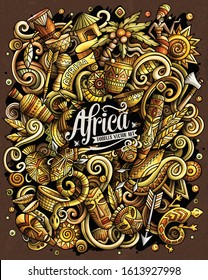 Cartoon vector doodles Africa illustration. Colorful, detailed, with lots of objects background. All objects separate. Bright colors african culture funny picture