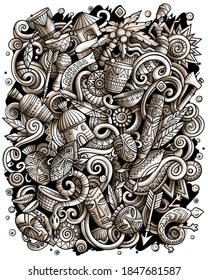 Cartoon vector doodles Africa illustration. Toned, detailed, with lots of objects background. All objects separate. Monochrome african culture funny picture