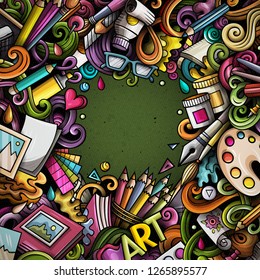 Cartoon vector doodles Art card. Colorful detailed, with lots of objects illustration. All items are separate. Artistic funny border