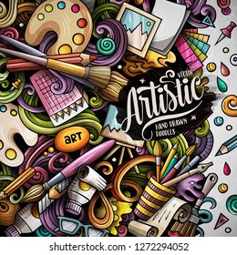 Cartoon vector doodles Art card. Colorful detailed, with lots of objects illustration. All items are separate. Artistic funny border