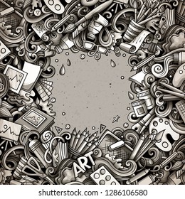 Cartoon vector doodles Art card. Monochrome detailed, with lots of objects illustration. All items are separate. Artistic funny border