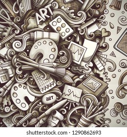 Cartoon vector doodles Art card. Monochrome detailed, with lots of objects illustration. All items are separate. Artistic funny border