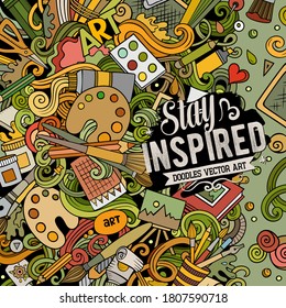 Cartoon vector doodles Art card. Colorful detailed, with lots of objects illustration. All items are separate. Artistic funny border