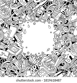 Cartoon vector doodles Art card. Line art detailed, with lots of objects illustration. All items are separate. Artistic funny border