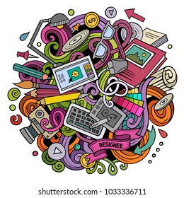 Cartoon vector doodles Art and Design illustration. Colorful, detailed, with lots of objects background. All objects separate. Bright colors artistic funny picture