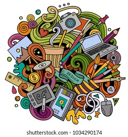 Cartoon vector doodles Art and Design illustration. Colorful, detailed, with lots of objects background. All objects separate. Bright colors artistic funny picture