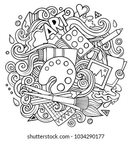 Cartoon vector doodles Art and Design illustration. Line art, detailed, with lots of objects background. All objects separate. Contour artistic funny picture