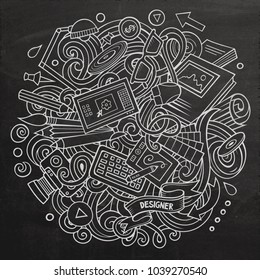 Cartoon vector doodles Art and Design illustration. Line art, detailed, with lots of objects background. All objects separate. Chalkboard artistic funny picture