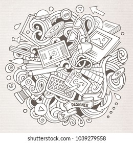 Cartoon vector doodles Art and Design illustration. Line art, detailed, with lots of objects background. All objects separate. Contour artistic funny picture