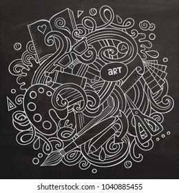Cartoon vector doodles Art and Design illustration. Line art, detailed, with lots of objects background. All objects separate. Chalkboard artistic funny picture