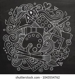 Cartoon vector doodles Art and Design illustration. Line art, detailed, with lots of objects background. All objects separate. Chalkboard artistic funny picture