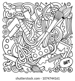 Cartoon vector doodles Art and Design illustration. Line art, detailed, with lots of objects background. All objects separate. Contour drawing artistick funny picture