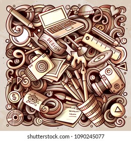 Cartoon vector doodles Art and Design illustration. Monochrome, detailed, with lots of objects background. All objects separate. Toned artistick funny picture