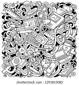 Cartoon vector doodles Art and Design illustration. Sketchy, detailed, with lots of objects background. All objects separate. Contour drawing artistic funny picture