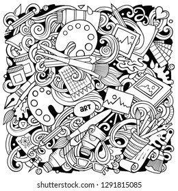 Cartoon vector doodles Art and Design illustration. Sketchy, detailed, with lots of objects background. All objects separate. Contour drawing artistic funny picture