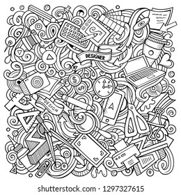Cartoon vector doodles Art and Design illustration. Sketchy, detailed, with lots of objects background. All objects separate. Contour drawing artistic funny picture