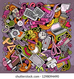 Cartoon vector doodles Art and Design illustration. Colorful, detailed, with lots of objects background. All objects separate. Bright colors artistic funny picture