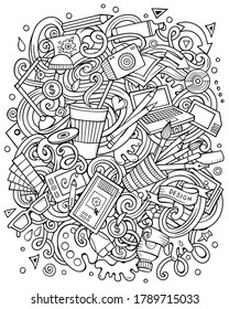 Cartoon vector doodles Art and Design illustration. Line art, detailed, with lots of objects background. Bright sketchy artistick funny picture