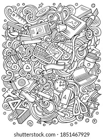 Cartoon vector doodles Art and Design illustration. Sketchy, detailed, with lots of objects background. All objects separate. Contour drawing artistic funny picture