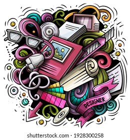 Cartoon vector doodles Art and Design illustration. Colorful, detailed, with lots of objects background. All objects separate. Bright colors artistic funny picture