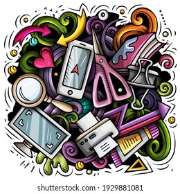 Cartoon vector doodles Art and Design illustration. Colorful, detailed, with lots of objects background. All objects separate. Bright colors artistic funny picture