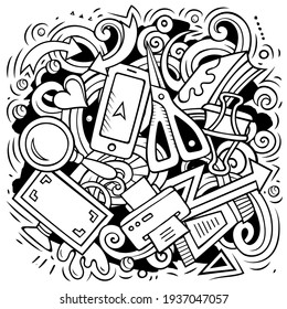 Cartoon vector doodles Art and Design illustration. Line art, detailed, with lots of objects background. All objects separate. Artistic funny picture