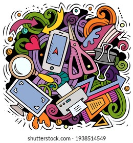 Cartoon vector doodles Art and Design illustration. Colorful, detailed, with lots of objects background. All objects separate. Bright colors artistic funny picture