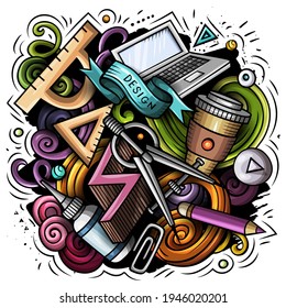 Cartoon vector doodles Art and Design illustration. Colorful, detailed, with lots of objects background. All objects separate. Bright colors artistic funny picture