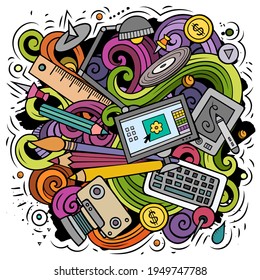 Cartoon Vektorgrafik doodles Art and Design Illustration. Farbenfroh, detailliert, mit vielen Objekten Hintergrund. Alle Objekte sind getrennt. Helle Farben künstlerisches lustiges Bild