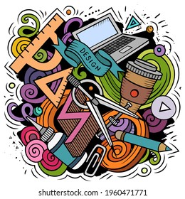 Cartoon vector doodles Art and Design illustration. Colorful, detailed, with lots of objects background. All objects separate. Bright colors artistic funny picture