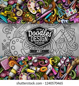 Cartoon vector doodles Art horizontal stripe card. Colorful detailed, with lots of objects illustration. All items are separate. Artistic funny border